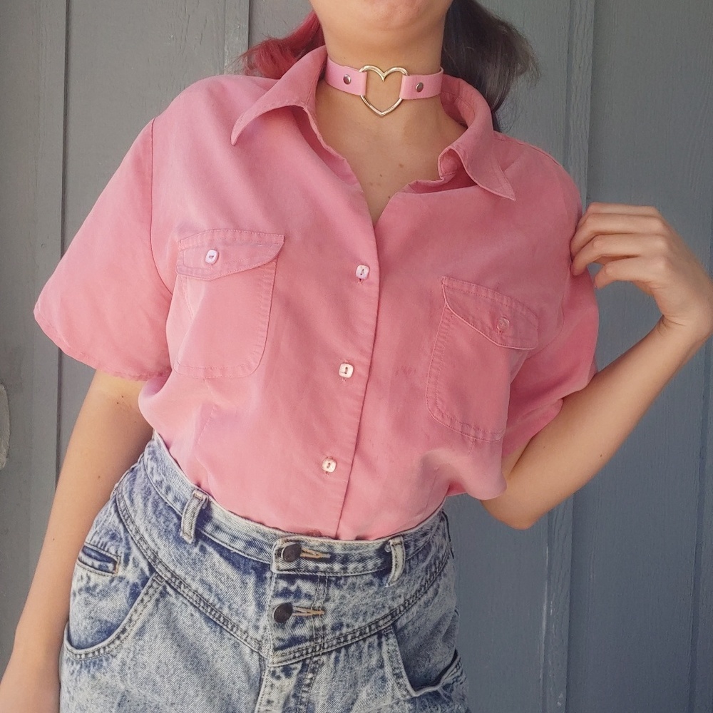 Vintage fashion bug pink button down